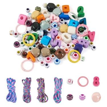 Imagem de FASHEWELRY Kit de chaveiro com contas DIY, contas de número de letras de acrílico coloridas com furo grande europeu cordão de corda paracord cordas e fechos de anel de mola para artesanato kit de