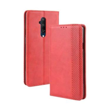 Imagem de Capa para OnePlus 7T Pro,Retro Flip magnético,Caso de telefone de couro PU,Design de carteira com 3 slots de cartão e 1 clipe de dinheiro -Red
