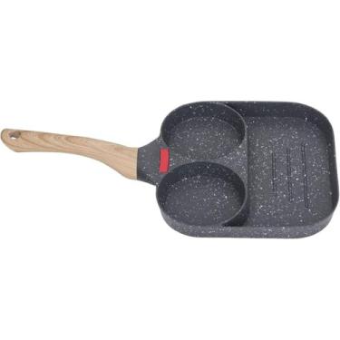 Imagem de Frigideira Multifuncional 3 em 1, Liga de Alumínio, Antiaderente, com Divisórias, Alça de Madeira, 33,5x17cm, Cinza e Branco, para Fogão a Gás e Elétrico