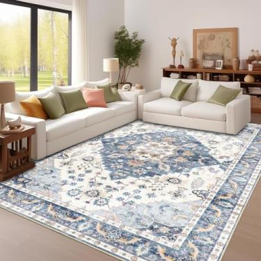 Imagem de Enkor Tapetes macios de área, 22 x 30,5 cm, lavável, antiderrapante, boho, para sala de estar, quarto, estilo vintage, tapete de casa de fazenda para entrada de cozinha, azul e branco