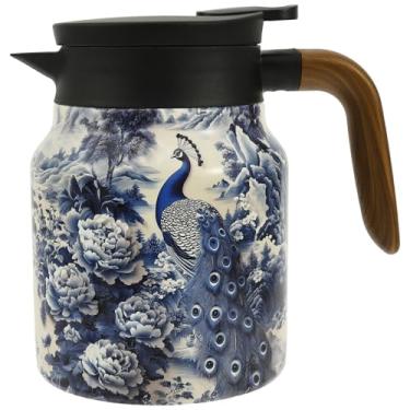 Imagem de Bule de chá vintage de 1000 ml, bule térmico de aço inoxidável com alça e infusor embutido, chaleira isolada, jarra de café a vácuo com tampa, infusor isolado para casa (azul)