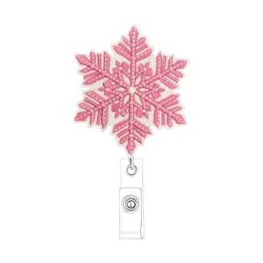 Imagem de Carretel de crachá de floco de neve de inverno carretel de crachá de enfermeira suporte de crachá de floco de neve rosa retrátil com clipe jacaré, carretéis engraçados retráteis para enfermeiras