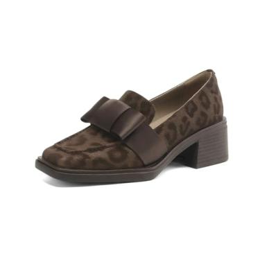 Imagem de TinaCus Mocassins femininos de couro legítimo com laço de cetim feito à mão salto grosso moderno, Marrom, 37