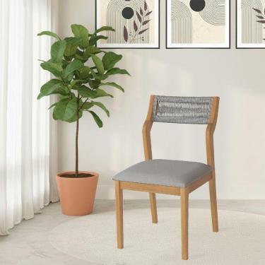 Imagem de Cadeira De Jantar Lagum Conforto Estofada Jequitibá Natural Linho Cinza E Corda Náutica
