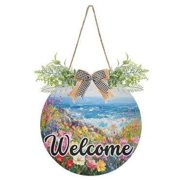 Imagem de SEHANY Placa de boas-vindas de flores e mar, decoração de porta da frente, guirlanda de boas-vindas redonda para decoração de casa de fazenda, varanda e pátio, 30 x 30 cm