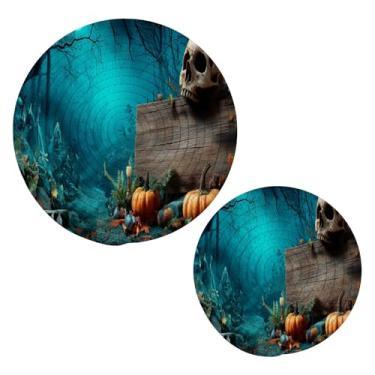 Imagem de Blueangle Pacote com 2 trivets de tábua de madeira de Halloween para pratos quentes - suportes de panela resistentes ao calor, almofadas quentes trançadas e porta-copos - tapetes de mesa duráveis para