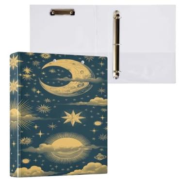Imagem de Blueangle Fichário retrô com 3 anéis de sol e lua com prancheta e 2 bolsos - Organizador de documentos decorativos de 3 cm para escritório, suprimentos para reuniões (440)