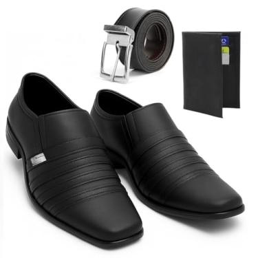 Imagem de Sapato Social Masculino Italiano Couro com Tiras Decorativas, Preto, Solado Borracha, Estilo Clássico Formal (Sapato + Cinto + Carteira, BR, Adulto, Numérico, 39)