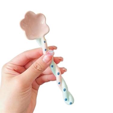 Imagem de Concha de sopa Colher de sobremesa cabo longo cerâmica alta aparência colher criativa doméstica fofa para beber(Purple)