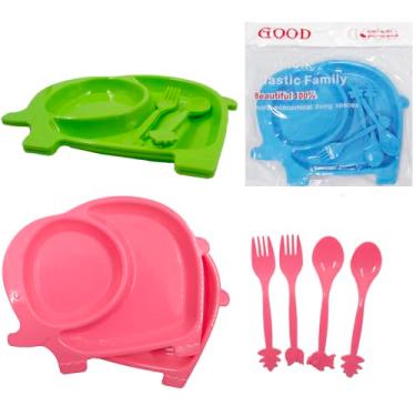 Imagem de KIT Prato INFANTIL BEBÊ INTRODUÇÃO ALIMENTAR 3 Peças Prato COM DIVISÓRIA, Colher e Garfo criança qualidade Premium Prático e fácil de lavar