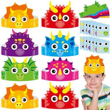 Imagem de 24 conjuntos de tiaras de cabeça de dinossauro, kits de artesanato, faça você mesmo, papel de dinossauro, coroa, artesanato, dinossauros, chapéus de papel de aniversário, artesanato para crianças