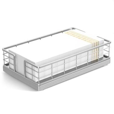 Imagem de Wican Suporte de toalha de hóspede bandeja para banheiro, suporte de guardanapos de carvalho e ferro para lavabo mesa de jantar cesta de madeira para toalhas de mão de papel descartáveis totalmente