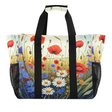 Imagem de Wassud Beautifu Wildflowers Sacolas de mercearia reutilizáveis grande bolsa organizadora de lona impermeável para praia, piquenique, lavanderia, viagem