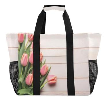 Imagem de Wassud Lindas tulipas reutilizáveis sacolas de mercearia grande bolsa organizadora de lona impermeável para praia, piquenique, lavanderia, viagem