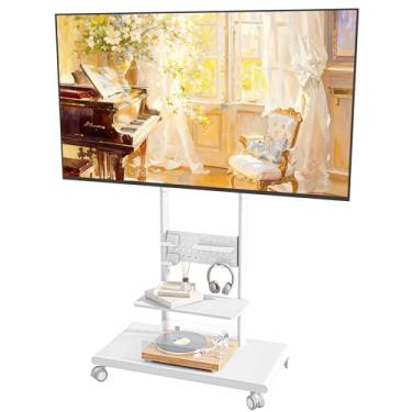 Imagem de ECOTINY Suporte de TV giratório com placa de armazenamento versátil para TVs de 50 a 90 polegadas até 69,9 kg, suporte de TV móvel ajustável em altura com prateleiras de armazenamento, carrinho de TV
