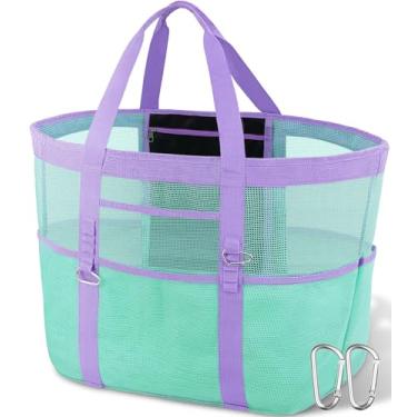Imagem de Yeendibo Bolsa de praia feminina chique e espaçosa XX-Grande – 12 bolsos, malha impermeável, dobrável, inclui 2 mosquetões, Roxo e verde, XX-Large, À prova de areia