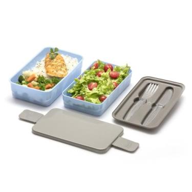 Imagem de Marmita Prática Organizadora com Divisórias, Azul, Livre de BPA, 2 Potes Empilháveis, Talheres Reutilizáveis, 20x11x4cm e 21x12x5,5cm
