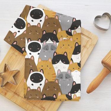 Imagem de Toalhas de cozinha com padrão sem costura de gato fofo, utensílios de mesa toalha de prato de microfibra absorvente decorativa toalha de chá, toalhas de mão waffle para cozinha, casa, banheiro