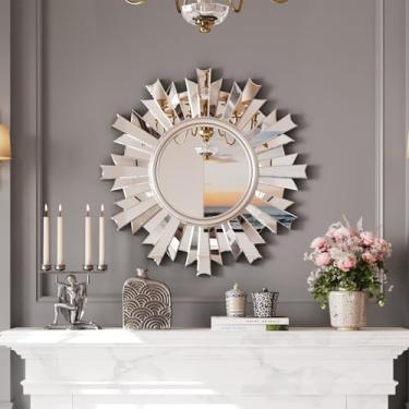 Imagem de PlushVibes Espelho redondo prateado montado na parede - Espelho de prata Sun Burst de 66 cm para decoração de parede, espelhos circulares pendurados decorativos para sala de estar banheiro quarto
