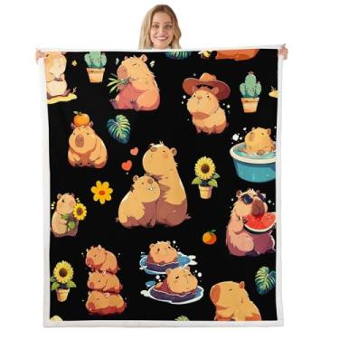 Imagem de Erosebridal Cobertor de lã Capybara solteiro 152 cm x 203 cm - ultramacio para sofá-cama, cobertor de sherpa de animal selvagem, manta felpuda de cacto de girassol, decoração de quarto para amantes de