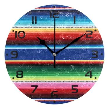 Imagem de JUZIHAI Relógio de parede mexicano Serape com listras silencioso, sem tique-taque, redondo, operado por bateria, fácil de ler, relógio decorativo de parede para casa, cozinha, sala de estar, quarto