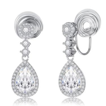 Imagem de Heclia Brincos de diamante elegantes com clipe para mulheres, brincos pendentes de strass de cristal não perfurado, pingente de gota de zircônia cúbica cintilante para casamento, formatura, joia de