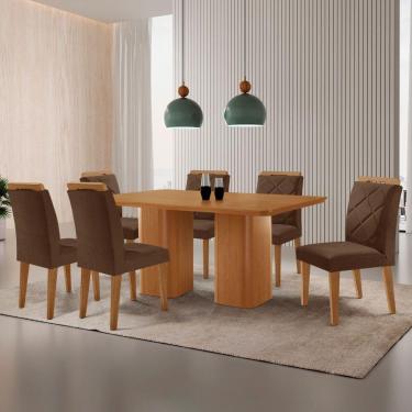 Imagem de Mesa Eloise 180cm Mdf Laminado 6 Cadeiras Mels=issa Veludo Marrom/naturalle Laminado