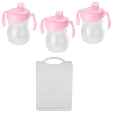 Imagem de Kit 1 Tábua Branca Plástica de Corte Pequena + 3 Garrafa Infantil 310ml Plástica Atóxica Rosa