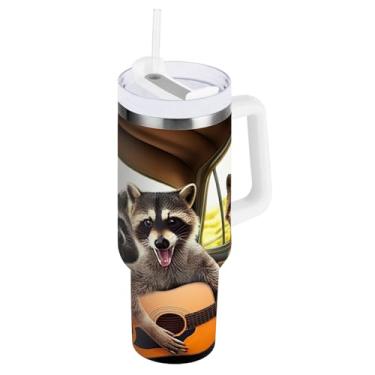 Imagem de ODAWA Copo de guitarra engraçado guaxinins de 1,134 g isolado com alça e canudo, copo com isolamento duplo