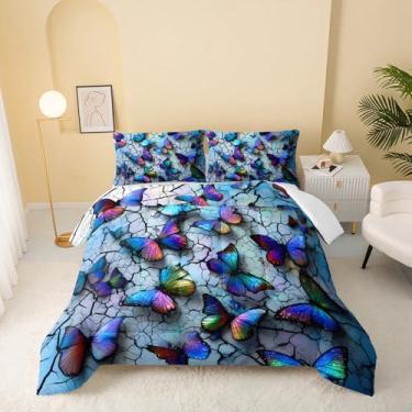 Imagem de QOOMO Jogo de cama Queen com estampa de borboletas coloridas, insetos, para decoração de quarto de meninos e adolescentes, macio e leve para todas as estações, 1 edredom e 2 fronhas