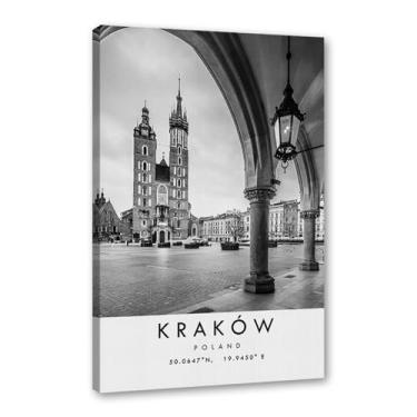 Imagem de Pôster de viagem preto e branco impressão paisagem da cidade do mundo pintura em tela Krakow pôster arte de parede decoração de casa (16 x 24 polegadas (40 x 60 cm), emoldurado)