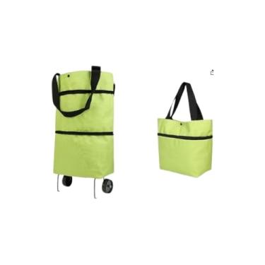 Imagem de Sacola Carrinho Dobrável com 2 Rodas, Verde, Lona Plástica Reforçada, 10kg Capacidade, 47x28x18cm Aberto, Portátil para Compras