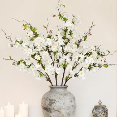 Imagem de VUAHAUL Ramos de flor de cerejeira artificial branca, 80 cm, pacote com 4 flores artificiais para vaso alto, hastes de flores realistas para decoração de casa, casamento, Páscoa, mesa central e