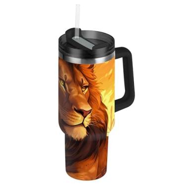Imagem de Copo de 850 g com alça copos de aço inoxidável com tampa e canudos, garrafa de água térmica, copos de café quente isolados para carro, majestoso, leão, pôr do sol, juba dourada