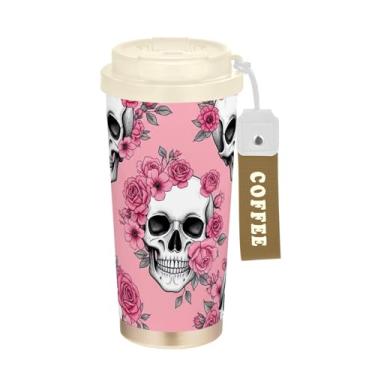Imagem de TSENQUE Crânios pretos e brancos flores rosa, copo de café de 473 ml com canudo e tampa de filp, copos de parede dupla isolados a vácuo com revestimento cerâmico para escola, escritório, festa