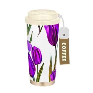 Imagem de TSENQUE Copo de café de viagem branco floral, tulipas roxas, 473 ml, com canudo e tampa de enchimento, copos de parede dupla isolados a vácuo com revestimento cerâmico para escritório, escola, festa