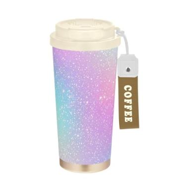Imagem de TSENQUE Caneca de café de viagem 16+ Oz, copo de café de viagem com revestimento cerâmico com canudo e tampa, copo isolado a vácuo de aço inoxidável, gradiente pastel arco-íris rosa roxo