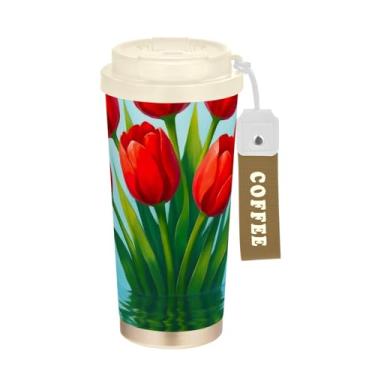 Imagem de TSENQUE Caneca de café de viagem de 473 ml com revestimento cerâmico, caneca de café de aço inoxidável com tampa e canudo, copo isolado a vácuo, tulipas vermelhas arte chique