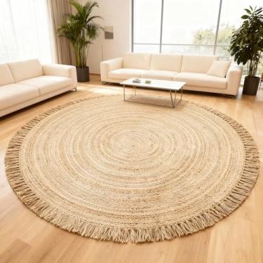 Imagem de FURNISHFUL FINESSE Tapete redondo de juta tecido à mão, tapete de área de entrada boho natural, reversível para cozinha, sala de estar, casa de fazenda, interior e exterior, tapete decorativo - (1,8 m