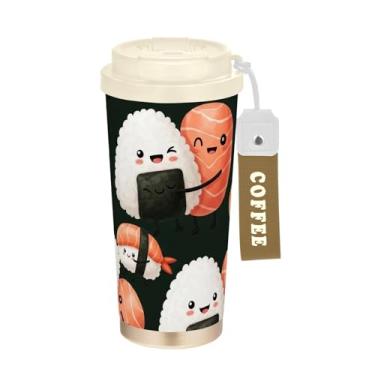 Imagem de TSENQUE Caneca de café de viagem 40 ml com canudo e tampa de filp, copos de parede dupla isolados a vácuo com revestimento cerâmico, lindo sushi salmão preto