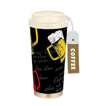 Imagem de TSENQUE Caneca de café de viagem 40 ml com canudo e tampa, revestimento cerâmico isolado a vácuo aço inoxidável copo de café de viagem à prova de vazamento, canecas vermelhas amarelas cerveja preta