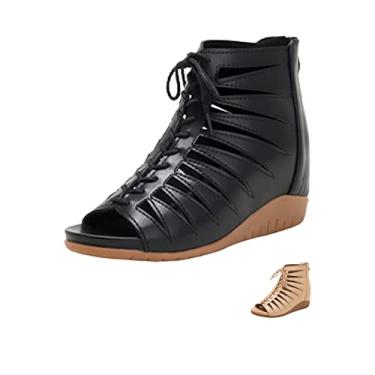 Imagem de Sandálias femininas de salto alto estilo gladiador romano retrô com tiras peep toe com zíper e zíper, Preto, 38