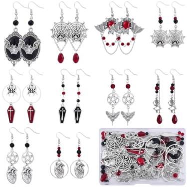 Imagem de SUNNYCLUE 1 caixa faça você mesmo, 10 pares de kits de fabricação de brincos, pingentes góticos, aranha, caixão, morcego, coração, crânio, preto, vermelho, moderno, conjuntos de brincos de Halloween