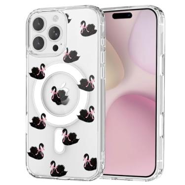 Imagem de OFQKOAKS Capa para iPhone 16 Pro Max, compatível com MagSafe, linda capa de celular romântica com laço de cisne preto magnético, capa protetora fina e transparente para amantes