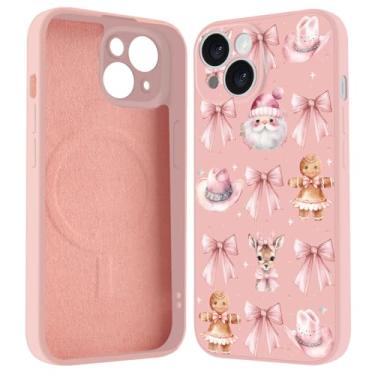 Imagem de BlHMCASE Capa para iPhone 15, compatível com MagSafe, linda capa de celular magnética com laço de fita rosa de Natal, silicone líquido rosa, macia, fina, capa protetora para mulheres e meninas