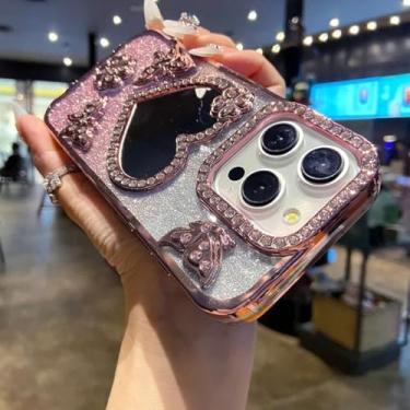 Imagem de HJZSZX Capa espelhada com glitter e coração para maquiagem, capa transparente de silicone macio com borboleta para iPhone 16 Plus (para iPhone 16 Plus/rosa)