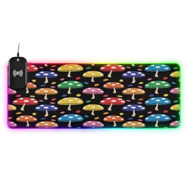 Imagem de CEBUGI Mouse pad de carregamento sem fio colorido cogumelo 15 W rápido para jogos com iluminação LED 14 RGB para jogos, PC, laptop, mesa 90,9 x 39,9 cm