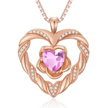 Imagem de WYDDO Colares de coração de flor rosa para mulheres, mãe, pedra do mês de nascimento, pingente, aniversário, Natal, Dia dos Namorados, joias presentes para sua esposa, filha, mãe, One Size, Base