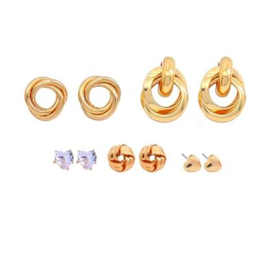 Imagem de Conjunto de 5 pares de brincos de ouro para mulheres, brincos modernos com pingente de nó grosso, coração, borboleta, pérola, cristal, joia, Large, Liga de aço, Sem pedra preciosa