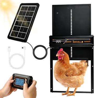 Imagem de Porta de galinheiro automática movida a energia solar com controle remoto possui um painel de LED, quatro modos alternáveis, temporizador integrado, sensor de luz, mecanismo de segurança anti-beliscar
